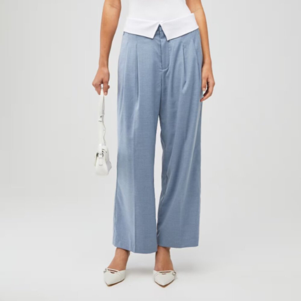 Good American trouser dress pant with mock fold-over waistband, Light Blue.